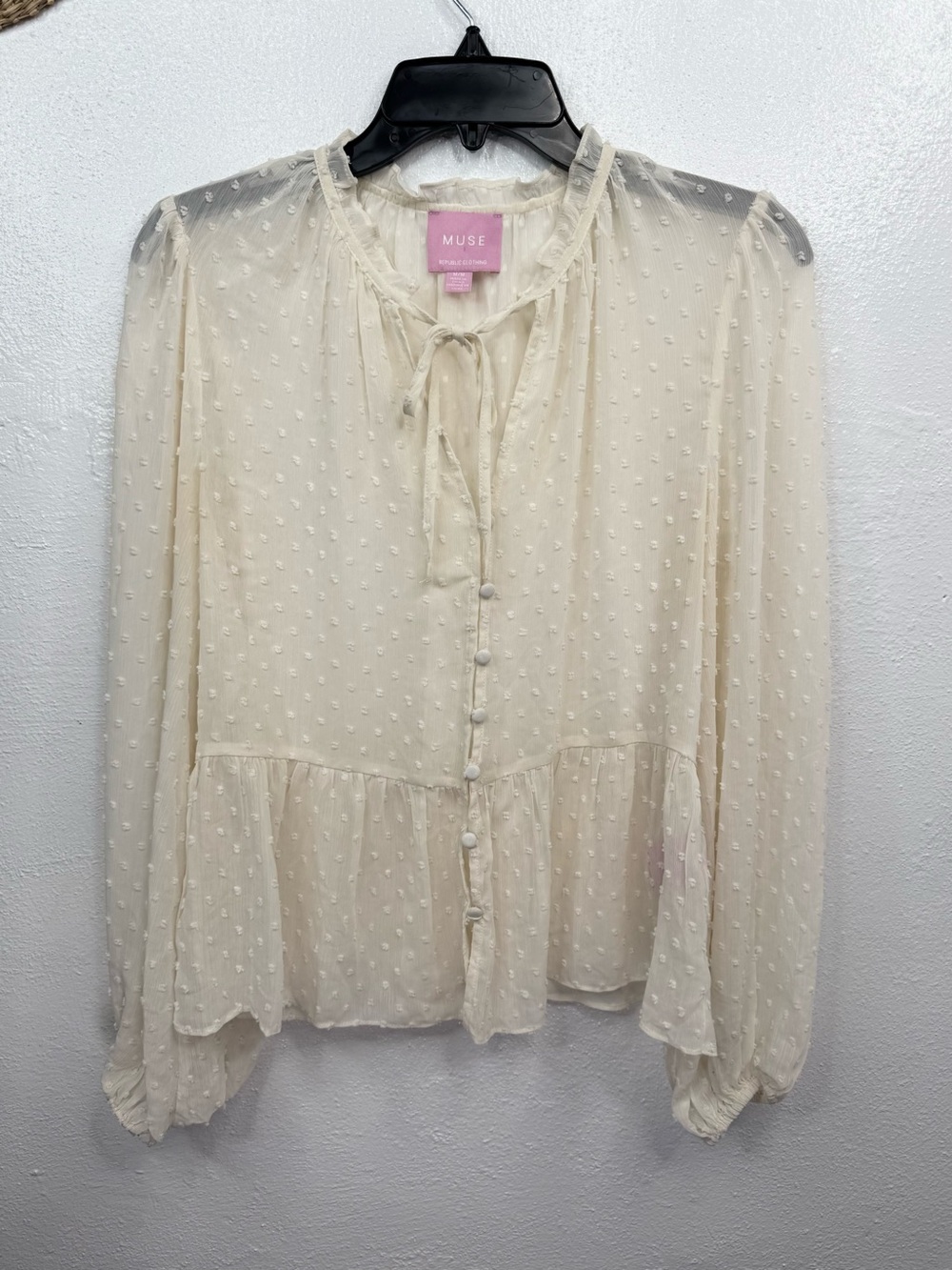 MUSE Republic Clothing Sheer Blouse Womens Size M Ivory Swiss Dot Peplum Tie